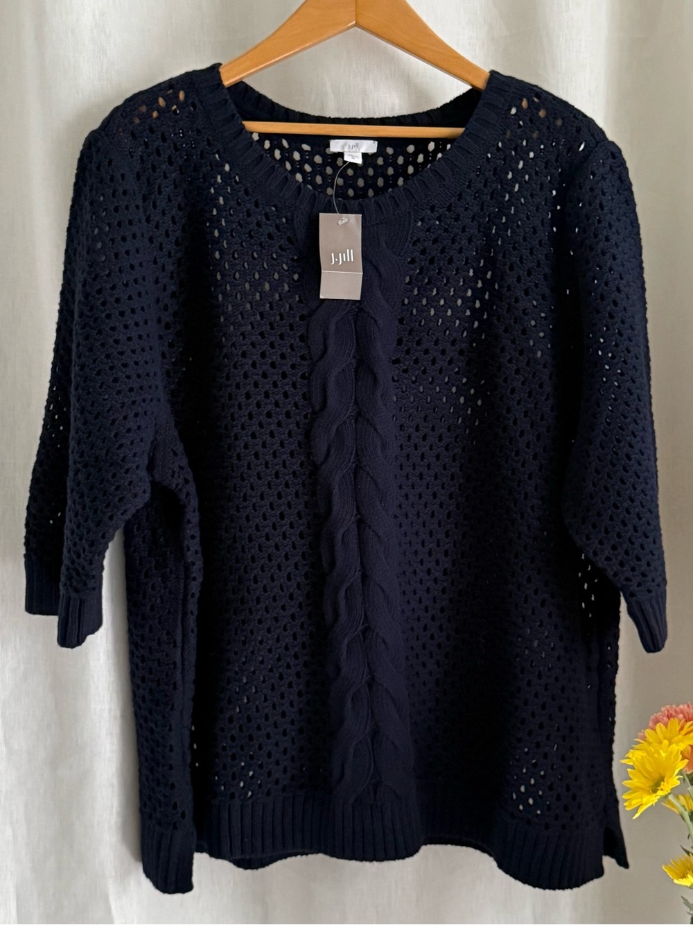 NWT J.Jill 100% Cotton Open Knit Cable Sweater 4X Navy Blue Textured